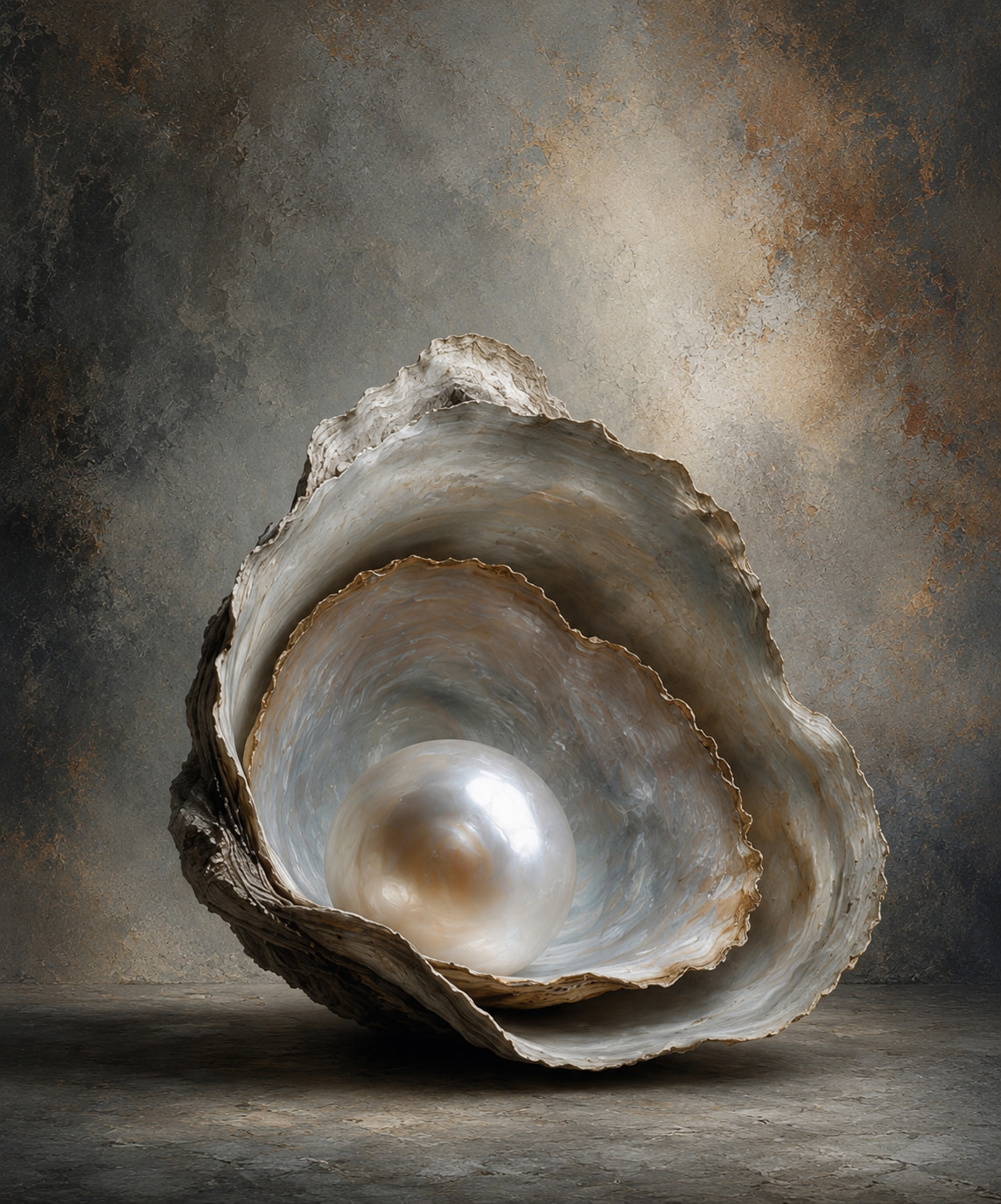 A photorealistic still life of a large oyster shell standing upright and open, its rough grey outer crust curving around a lustrous mother-of-pearl interior that cradles a single oversized baroque pearl, against a mottled grey and bronze wall.