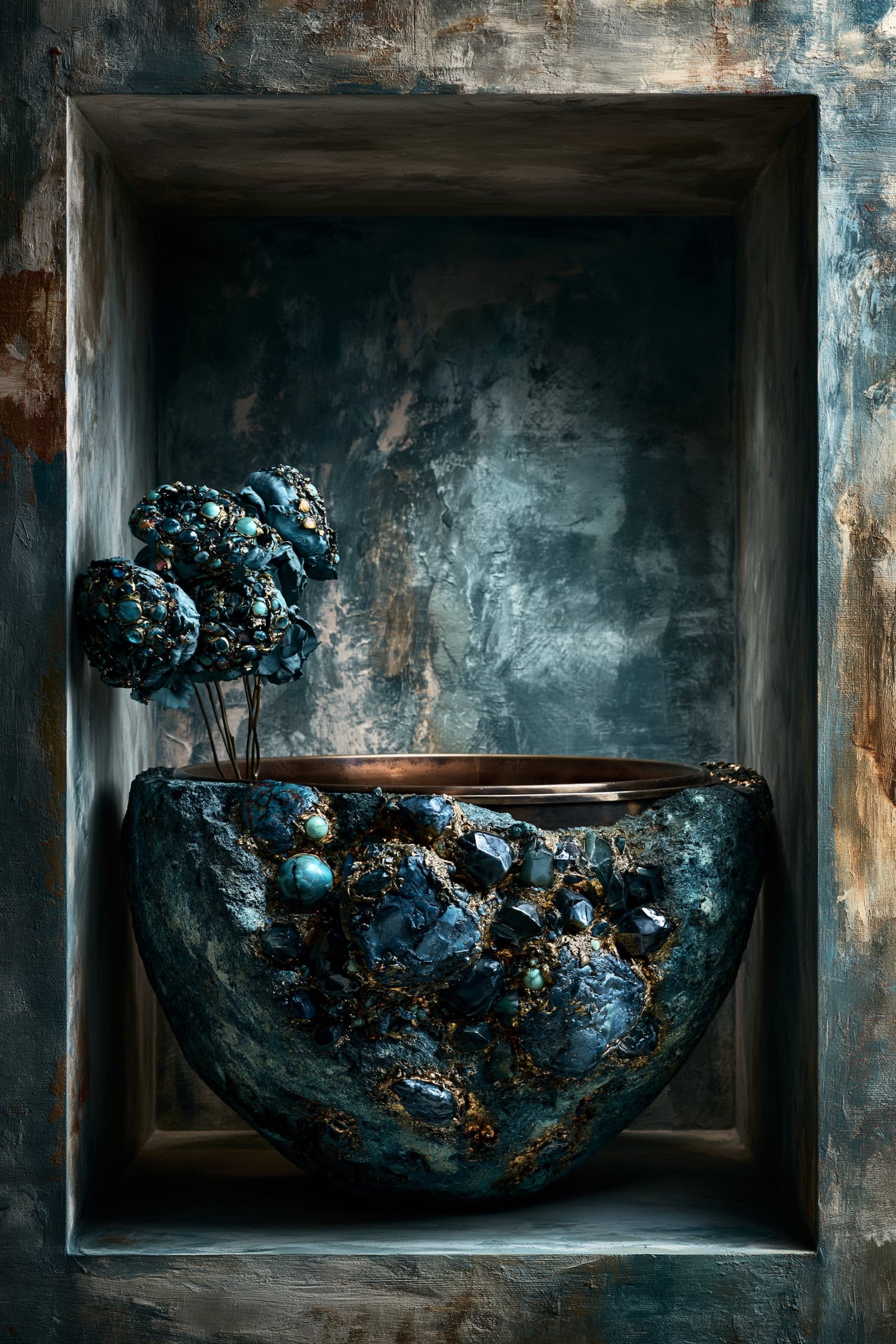 A photorealistic dark-teal stone bowl encrusted with raw gemstones and gold, holding jewel-covered blue flowers, set inside a weathered painterly wall niche.