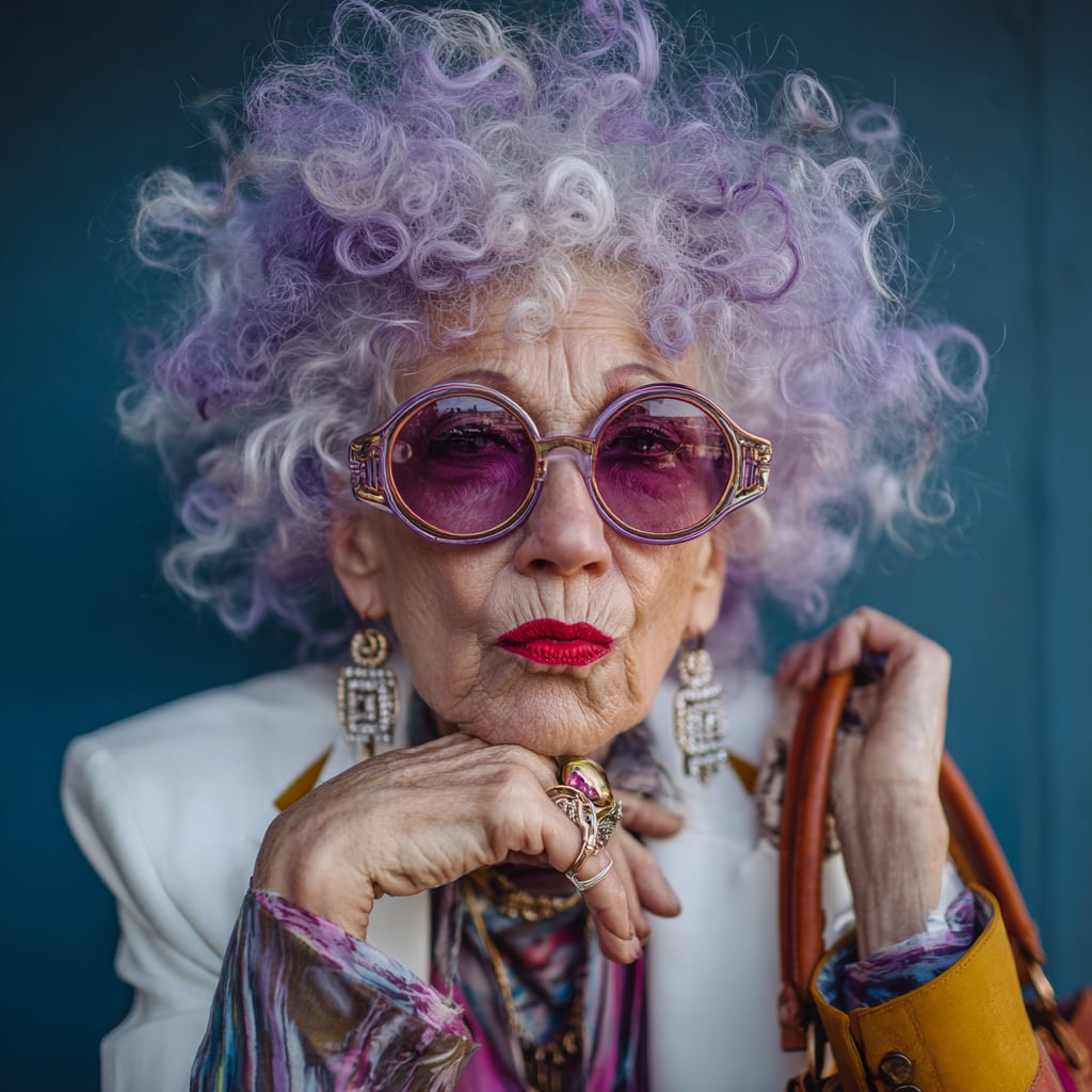 A photorealistic portrait of an elderly woman with voluminous lilac-grey curls, large rose-tinted round sunglasses, red lipstick and statement jewellery, resting her chin on ringed fingers against a deep teal background.