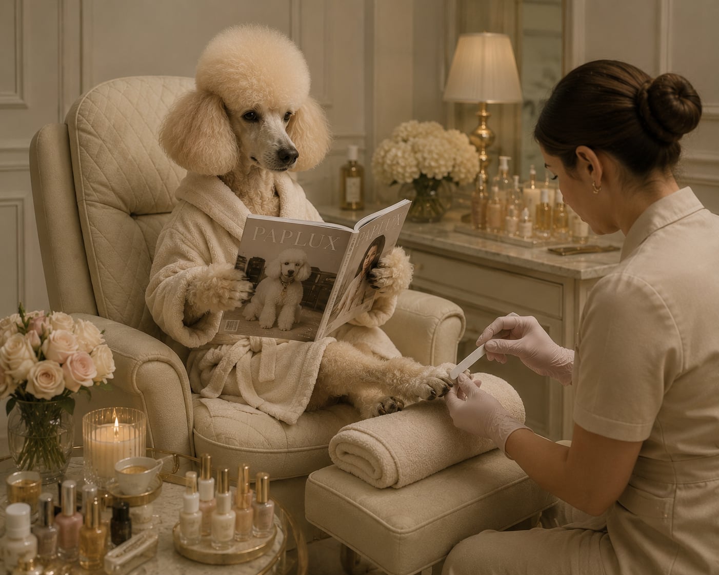 A photorealistic scene of a cream standard poodle in a bathrobe reading a magazine titled PAPLUX in a plush beige spa, while a gloved attendant files its paw amid candles, roses and rows of nail polish.