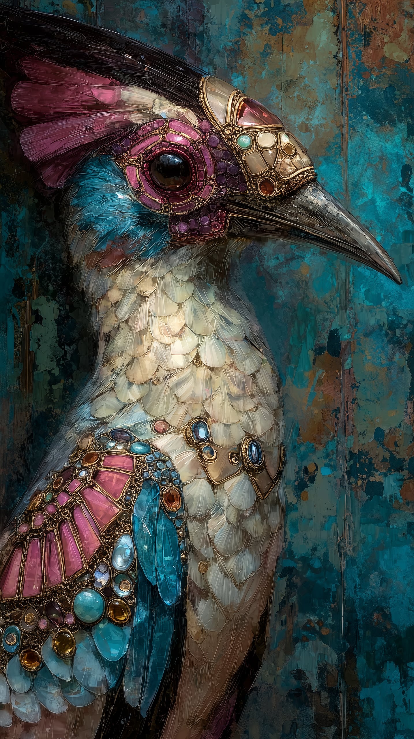 A painterly close portrait of a jewelled kingfisher-like bird with a rose-pink crest and a beak, its wing and breast set with pink, blue and gold gemstones like stained glass, against a teal verdigris background.