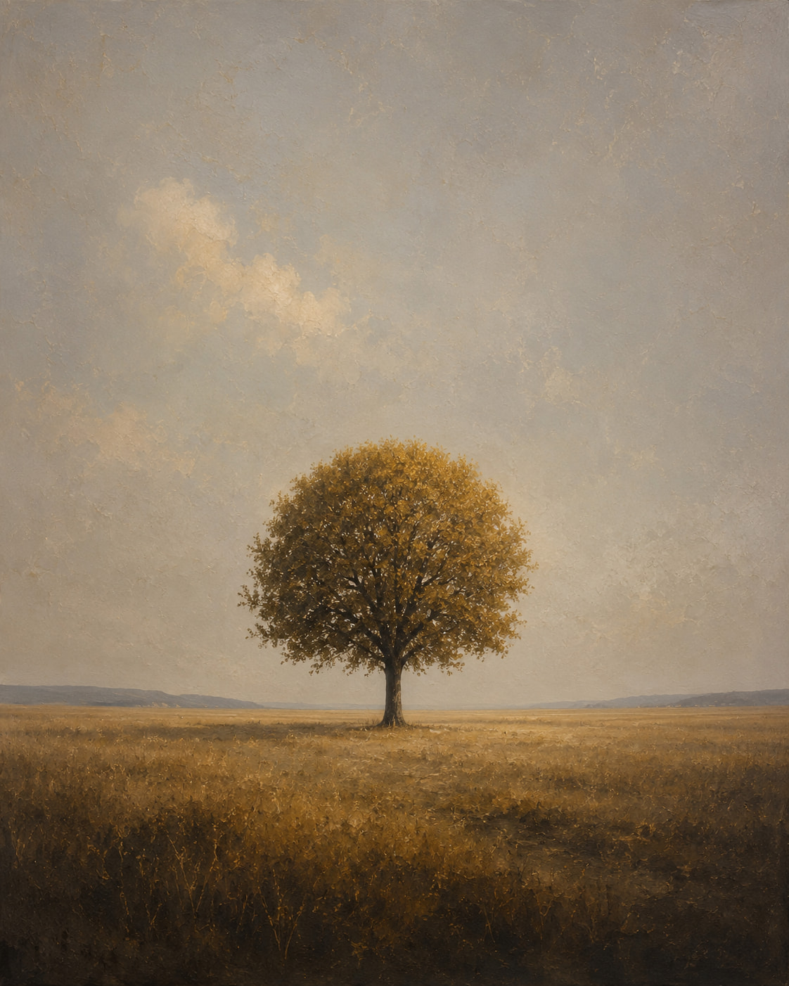 A painterly landscape of a solitary round-crowned tree with golden autumn foliage standing in a wide ochre field, beneath a pale grey sky with one soft cloud and distant low hills on the horizon.