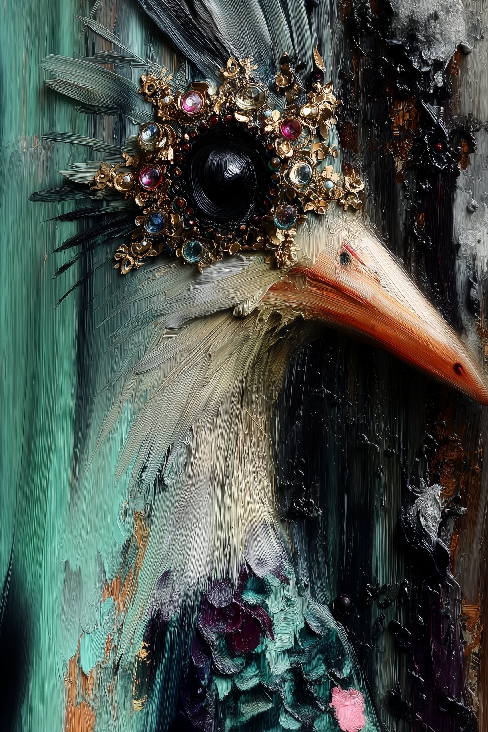A heavily impasto oil painting of a long-necked bird in profile against a sea-green background, one eye encircled by an ornate crown of gold filigree and coloured gemstones.