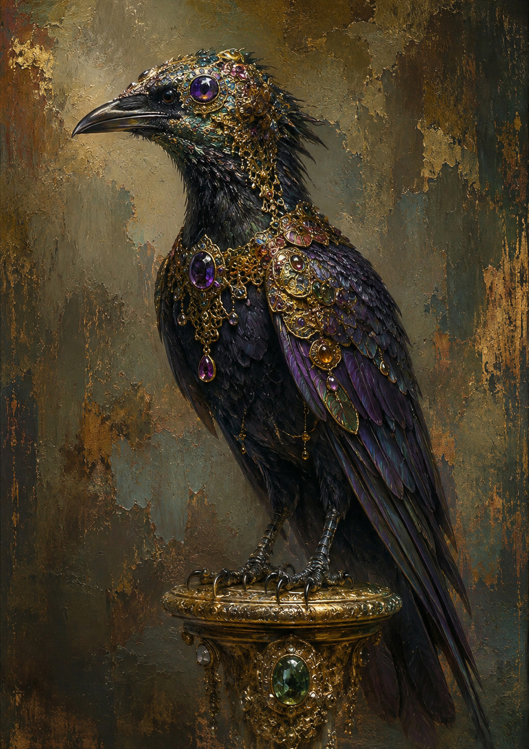 A painterly portrait of a black raven in profile, its head, breast and wing encrusted with gold filigree and coloured gemstones — amethyst, citrine and peridot — perched on an ornate gilded pedestal against a mottled gold and verdigris background.